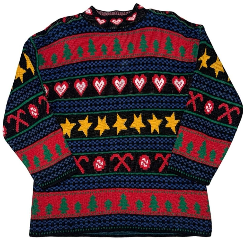 Vintage Ugly Christmas Sweater Medium Mock Neck 90s acrylic Striped Stars Trees